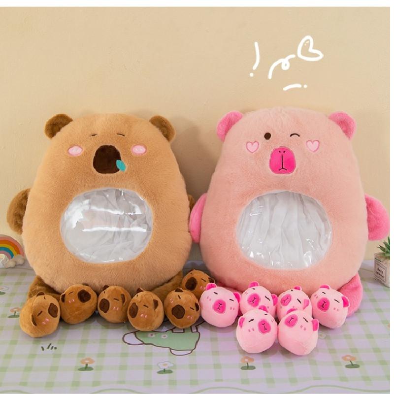 Cute Capybara Stuffed Toy Pillow Bag With Six Mini Plushies Stress-relief Dolls
