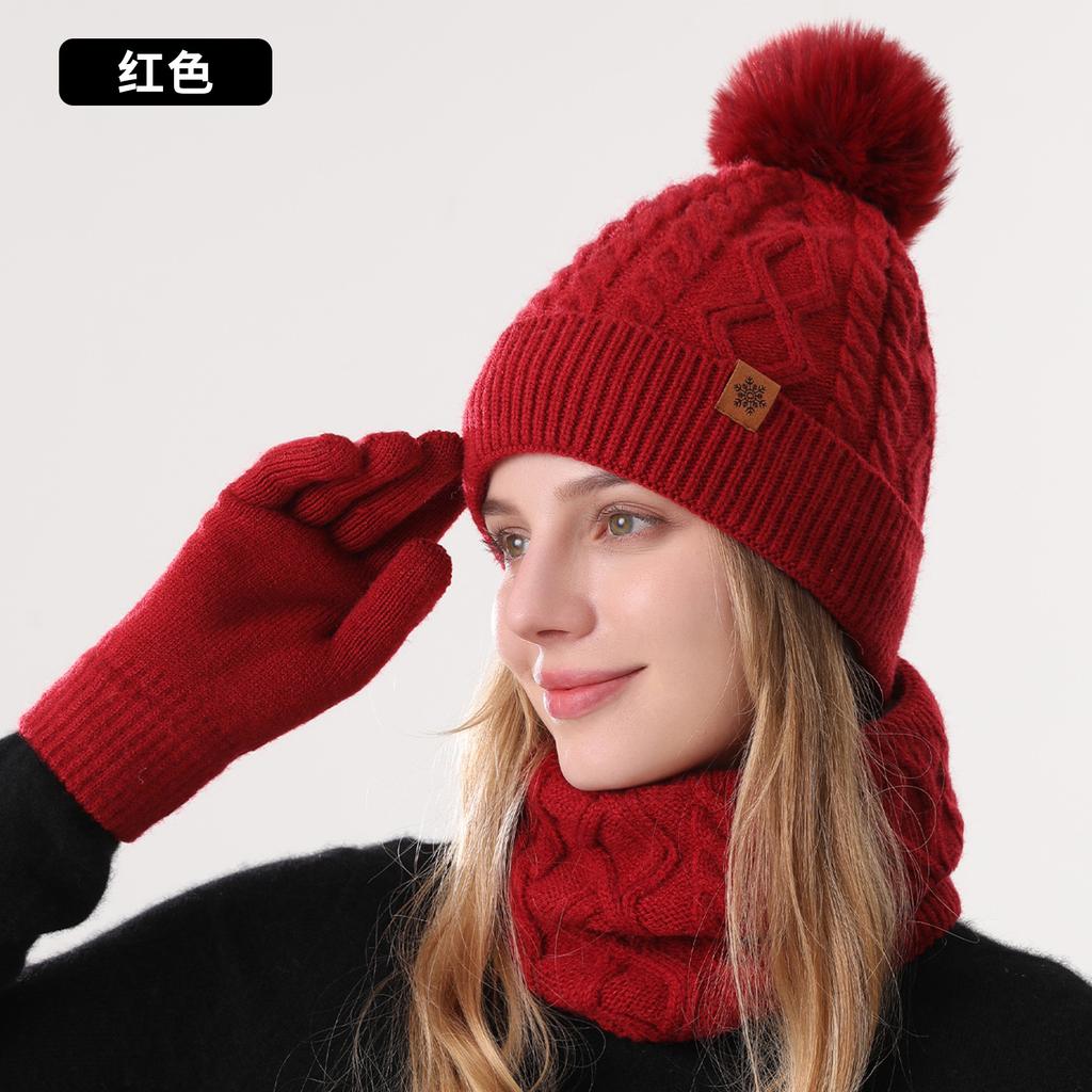 Hat, scarf and gloves three-piece set, winter outdoor riding scarf double-layer fleece and thicker, knitted hat