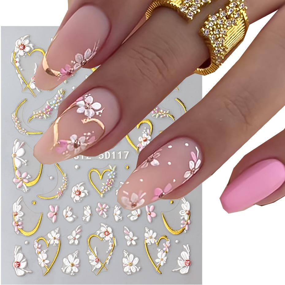 5D French Nail Stickers - Floral & Geometric Love Decor, Golden Frame, Cherry Blossom Design, Self-Adhesive Acrylic Embossed Sliders for Manicure