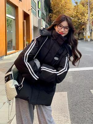 2024 Women's Winter Black Down Cotton Jacket, Korean Style, Loose Fit, Trendy Thickened Outerwear