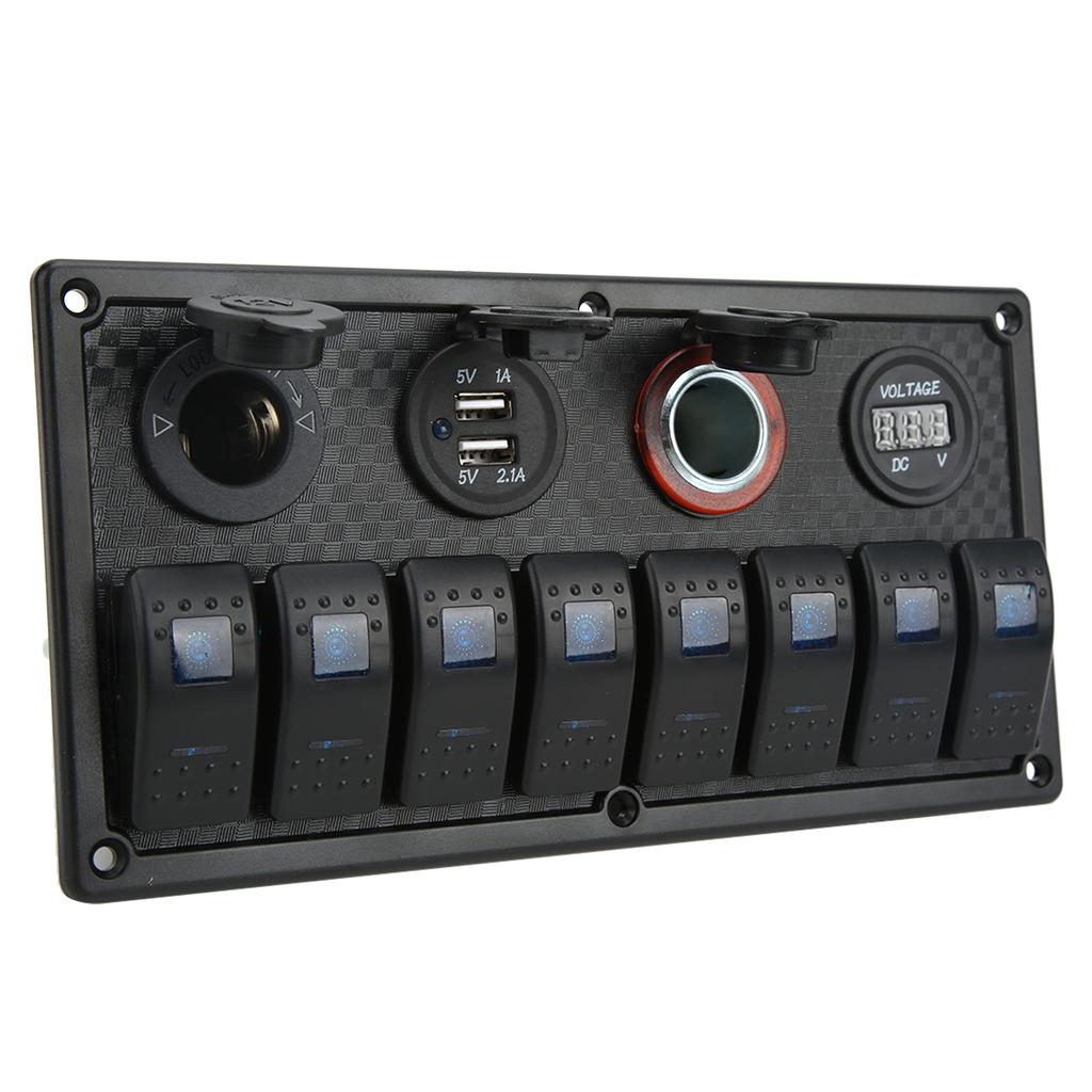 Car Boat Rocker Switch Panel Blue LED Light with Dual USB Voltmeter Cigarette Lighter 12‑24V for Yachts Ships Caravans