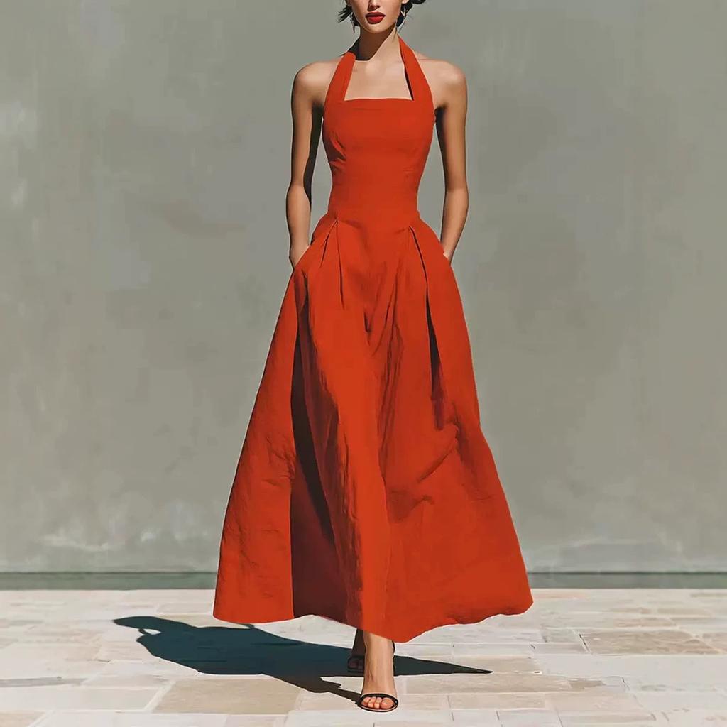 European, American spring and summer neck imitation hemp casual fashion slim pocket women's dress