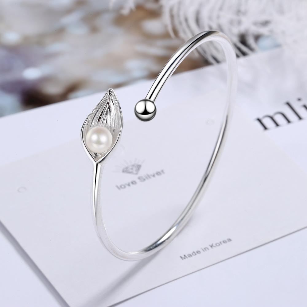 New Arrival Female   Stamp Silver Color Leaves Pearl Bracelet for Women Girl Wedding Gift Pulseira Feminina