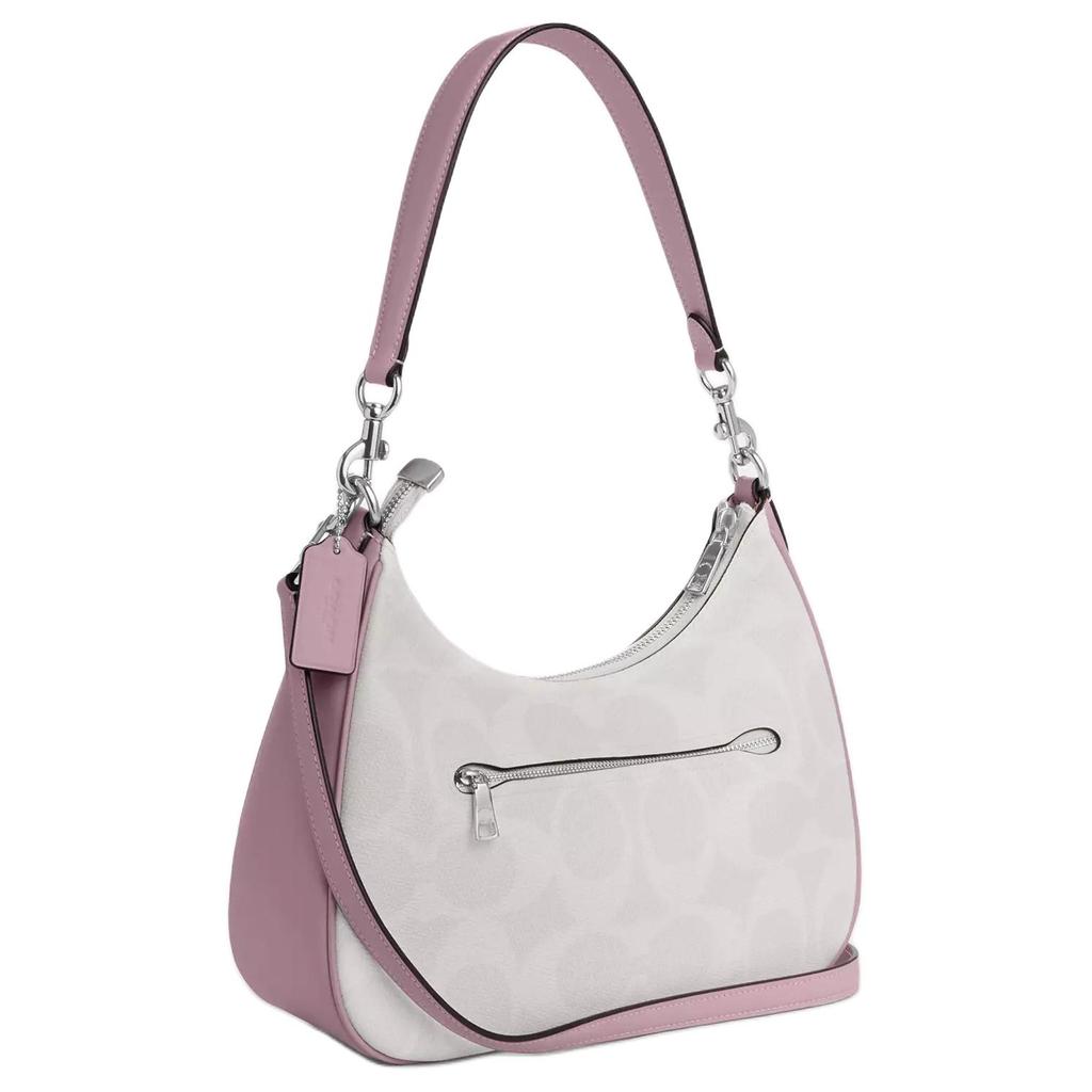 Coach Borsa a Spalla Hobo in Tela Bianca Signature con Bordi in Pelle Rosa e Ferramenta Argentata per Uso Quotidiano