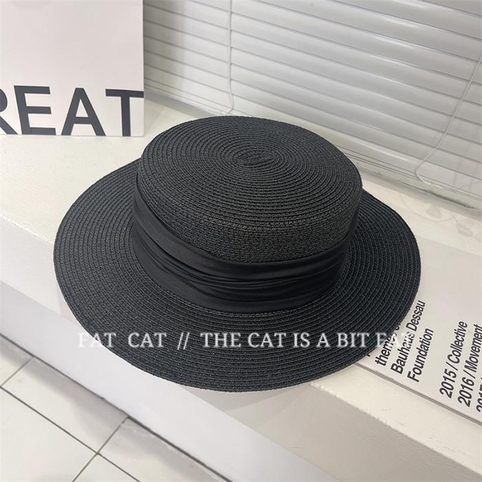 Folded ribbon flat top straw hat women's summer travel sun protection flat top hat vacation hat fashion versatile top hat