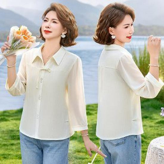 

Seven-Sleeved Slimming Shirt for Middle-Aged Women - Stylish Spring Wear XL (85-105 lbs) бежевий