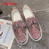 Fashion Aphixta Fashion Big Size 42 43 Flats Women Leather Loafers Flat Platform Wine Red Shoes Crystal Sequined Bow Casual Shoes