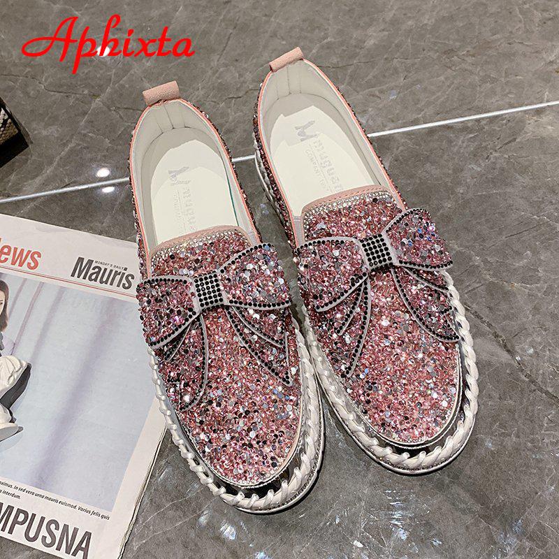 Fashion Aphixta Fashion Big Size 42 43 Flats Women Leather Loafers Flat Platform Wine Red Shoes Crystal Sequined Bow Casual Shoes