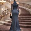 Women Halter Neck Long Sleeve Evening Dress Sheer Mesh Off Shoulder Floor Length Formal Gown Ruched Waist Maxi Dress