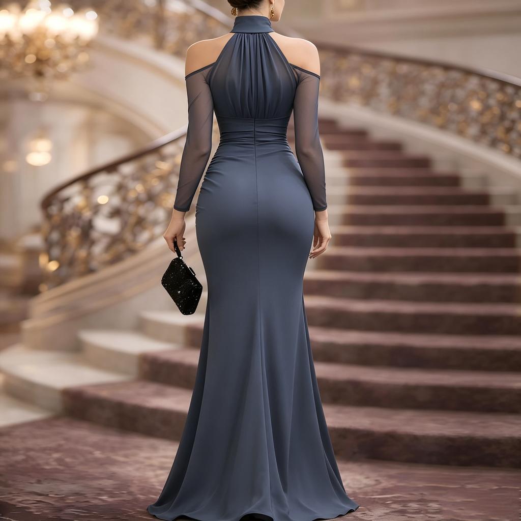 Women Halter Neck Long Sleeve Evening Dress Sheer Mesh Off Shoulder Floor Length Formal Gown Ruched Waist Maxi Dress