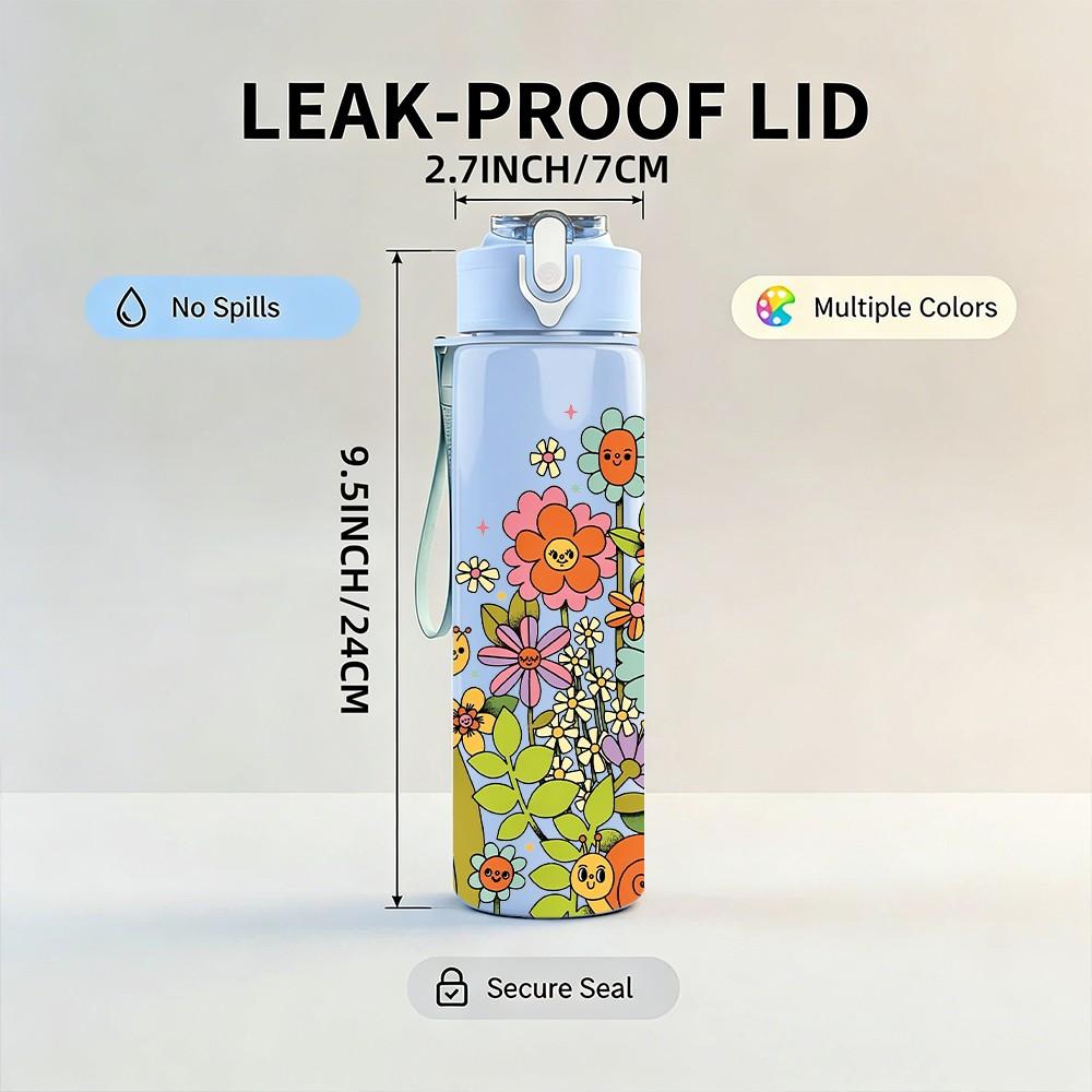 1PC Boho Wild Flower Art 750ml Color Plastic Sports Water Bottle Leakproof Flip Straw Lid Suitable for Sports Office Home Use