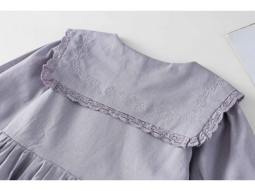 Girls' Spring Embroidered Lace Collar Long Sleeve Cotton Dress