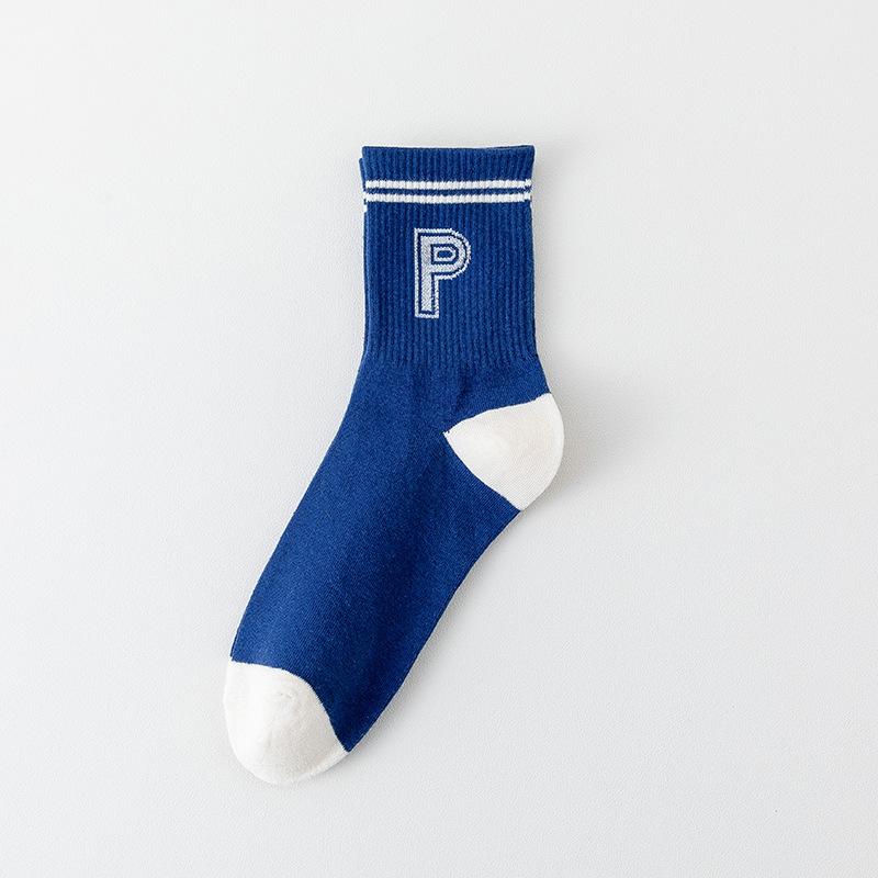 Female Spring and Autumn Tide Letter Blue Coarse Grain Long Tube Cotton Socks