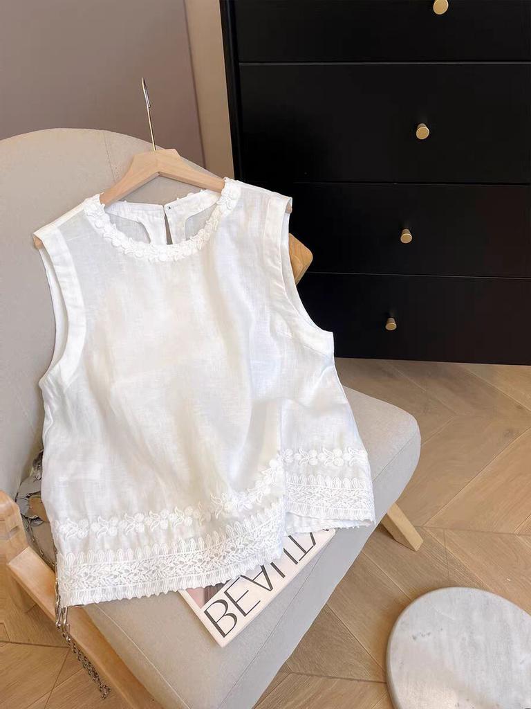 French Summer Premium Light Luxury Chic Lace Embroidery Loose Skinny Sleeveless Vest White Shirt A