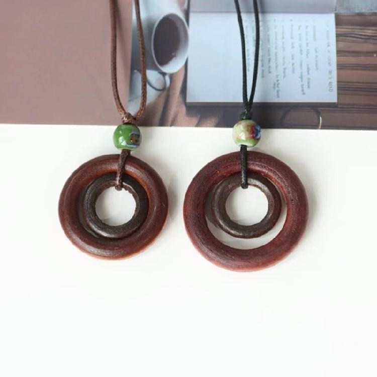 Vintage Wooden Round Ring Pendant Necklace Neck Chain Long Sweater Chain