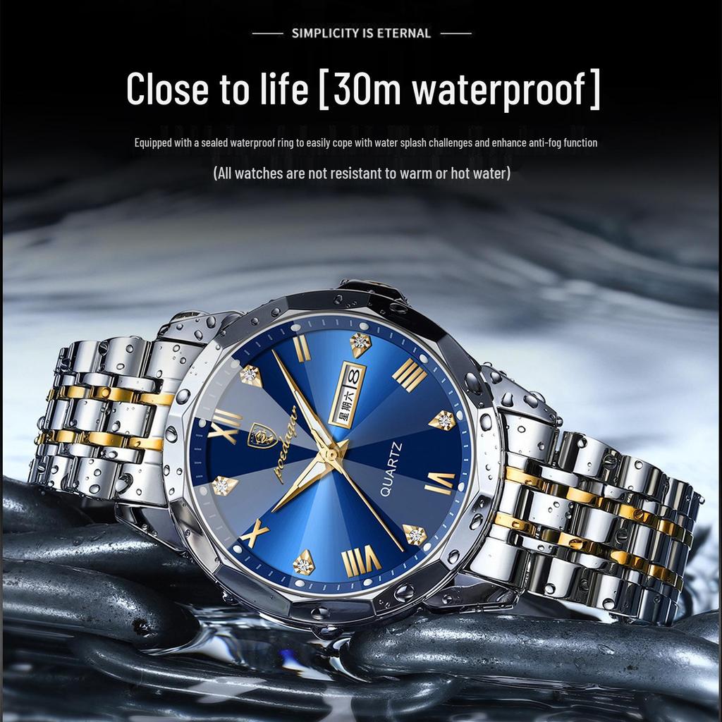 Swiss Luxury Men's Waterproof Luminous Quartz Watch with Solid Band