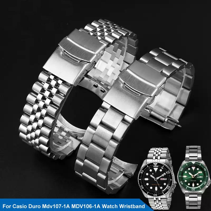 22mm Stainless Steel Strap for Casio Duro MDV-107-1A MDV-106 Marlin Men Diving Curved End Solid Metal Watch Bracelet Band Belt