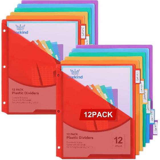 SEEKIND 12 Pack Binder Dividers with Pocket,12 Tab Binder Dividers for 3 Ring Binders,Subject Dividers for US Letter Size in 0.5, 1, 2, 3 inch 12