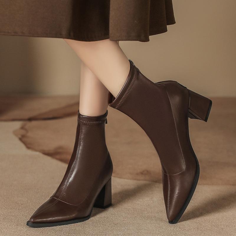 Autumn and Winter Thick Heel Single Boots Medium Tube Thin Boots Women Thin Rear Zipper Black Pointed Head Low Tube Leather Boots High Heel Women
