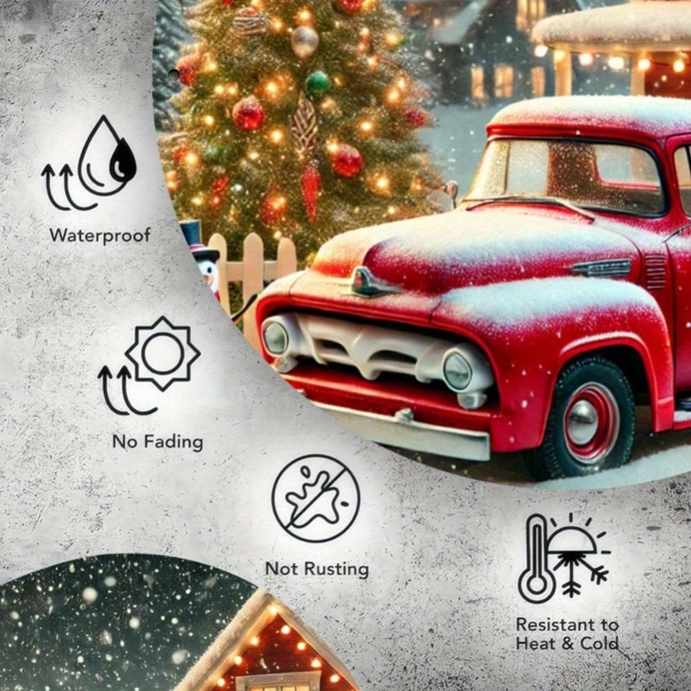 Charming Round Iron Wall Art Snowy Red Truck Christmas Wreath Home Garden Gift