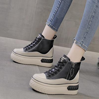 Board Shoes Cowhide Autumn New Muffin Single Shoes High Heel Thick Sole Inner Height Increase Casual High Top Shoes Short Boots Women's Shoes
