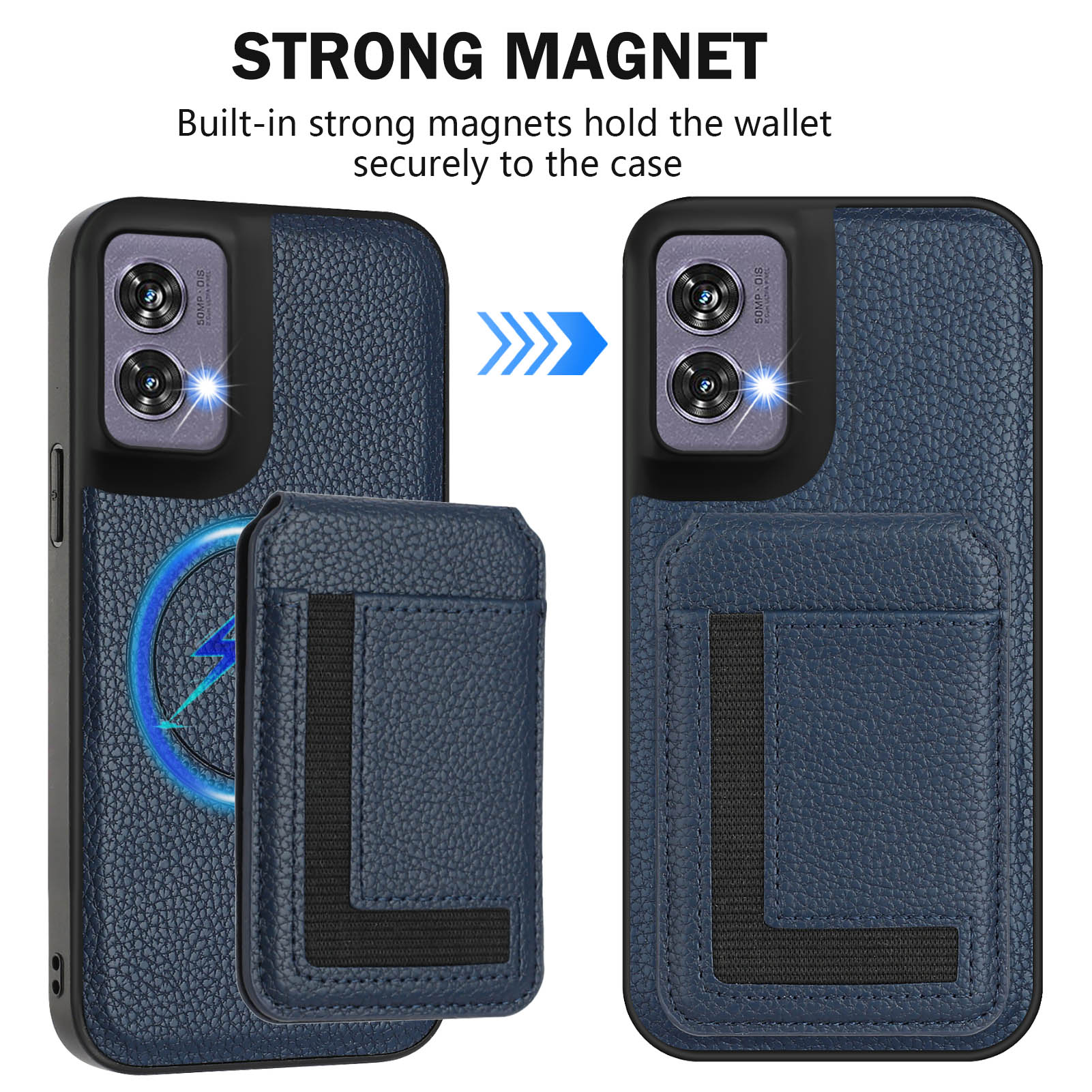 

Magsafe 2 в 1 съемный чехол-кошелек Motorola с держателем для карт, магнитной подставкой, откидной чехол из искусственной кожи для Moto G Power/G Play/G85/S50 Neo/G Stylus Xiaomi Poco C75 темно-синий