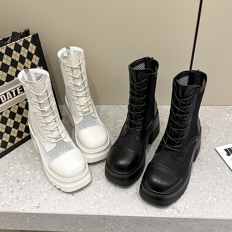 10Cm cowhide thick-soled net boots women's 2025 spring and summer new hollow Martin boots small man looks tall and thin Martin boots
