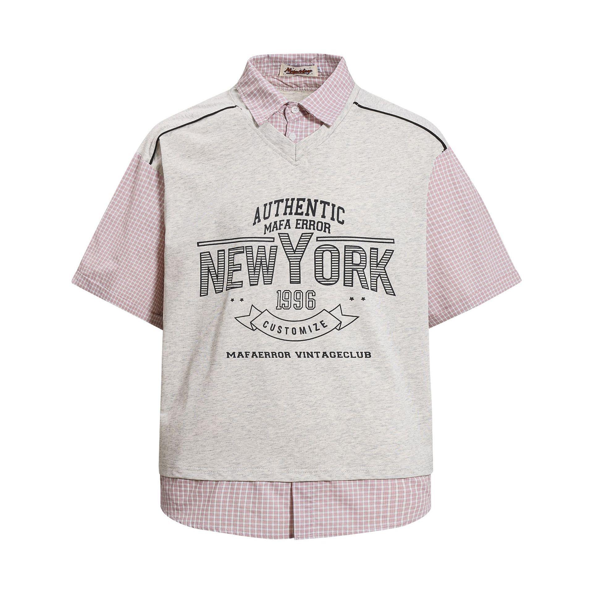 Summer T-shirt with plaid patchwork faux two, American collegiate collar polo short-sleeve M