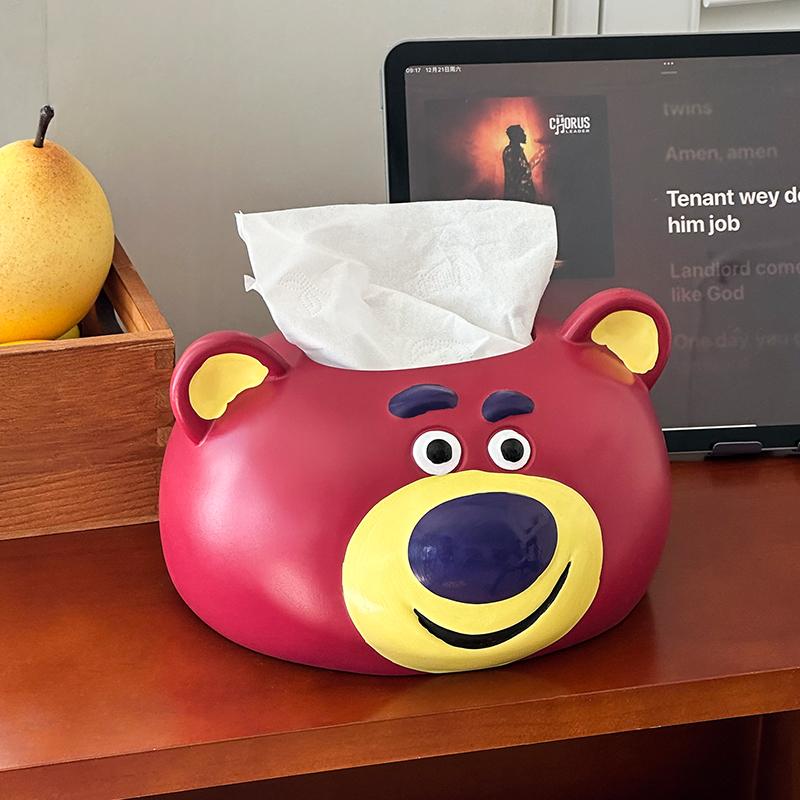 Miniso Cartoon Cute Strawberry Bear Tissue Box Living Room Bedroom Desktop Paper Box Premium Home Napkins Paper Box Ornament