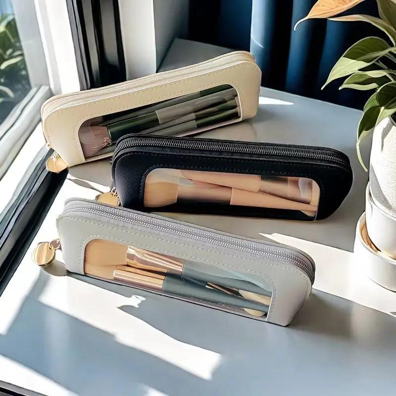 Women's Portable Leather Makeup Bag Waterproof Travel Cosmetic Pouch for Eyebrow Pencils & Brushes Compact Organizer Case