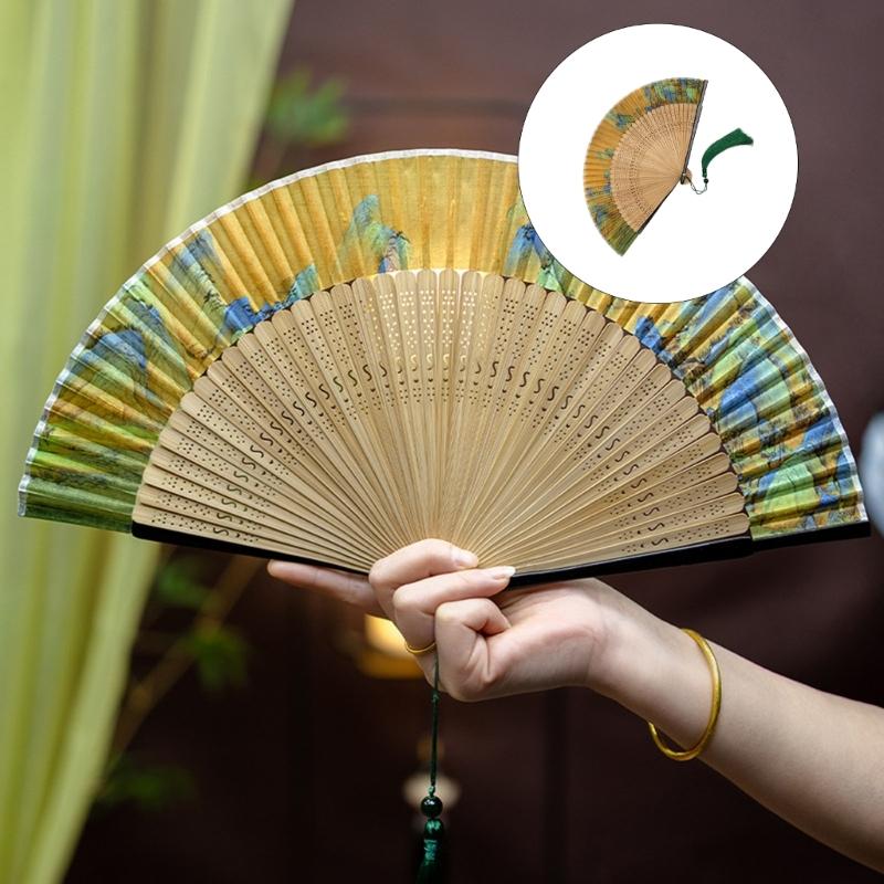 Landscape Handheld Folding Fan Hand Held Fabric Bamboos Fan Hollowed Hand Foldable Fan for Dancing Wedding Decorations