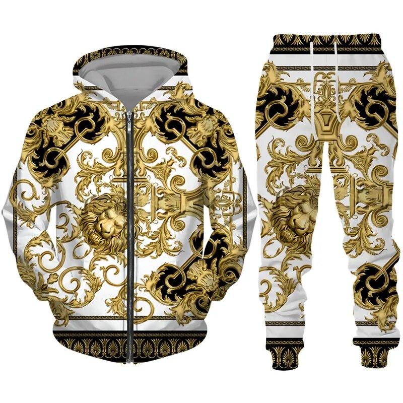 

Мужские роскошные толстовки на молнии с 3D принтом золотого узора/комплекты брендовые модные толстовки + брюки костюм хип-хоп спортивная одежда для бега S