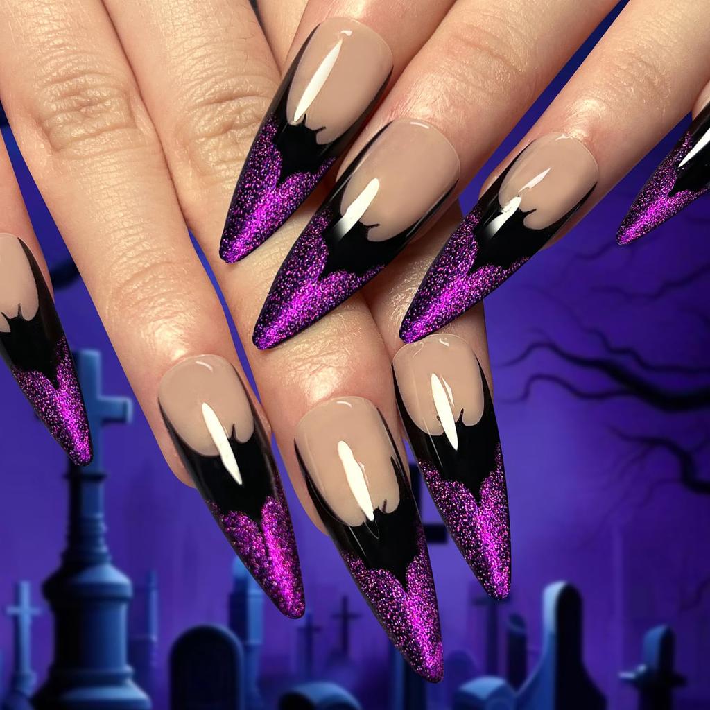 Halloween Press On Nails Medium Almond Fake Nails with Designs Bat Purple French Tip Glossy Glue On Nail 24 Pcs Natural Reusable Acrylic Nail for