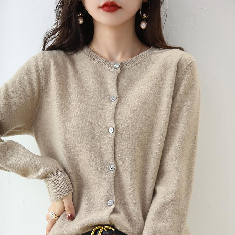 Round Neck Solid Color Knitted Cardigan for Women In Autumn and Winter New Loose Versatile Sweater Jacket High Quality Yarn Long-sleeved Top