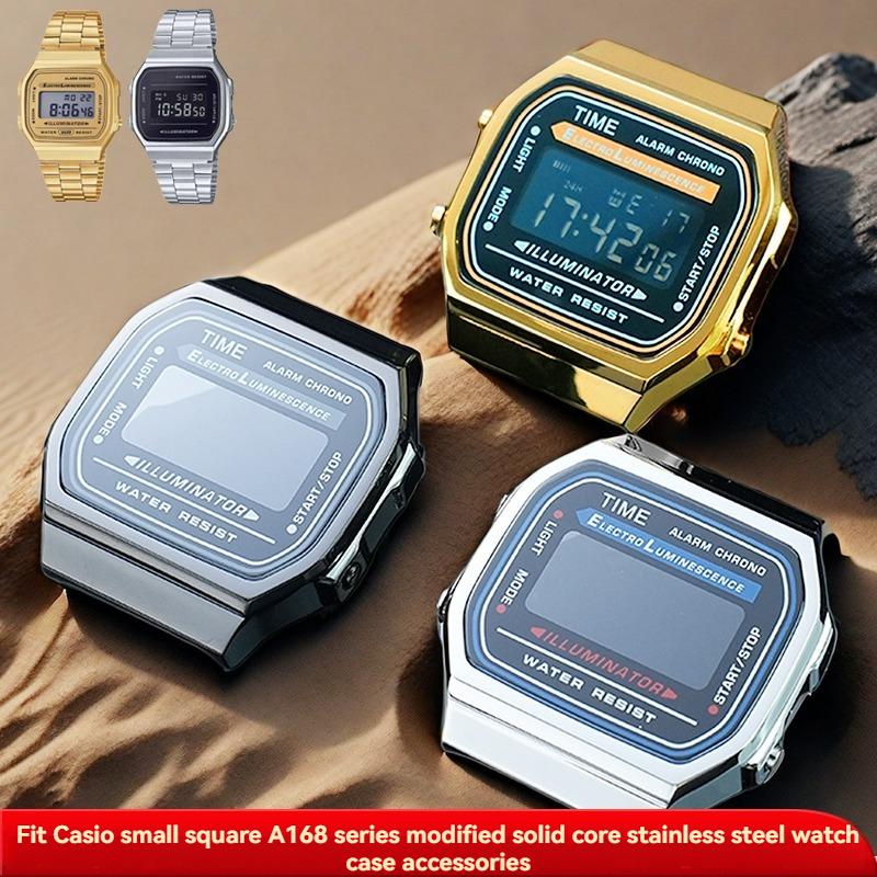 For Casio A168W series modified trendy small gold nugget silver block high-quality stainless steel metal strap and case
