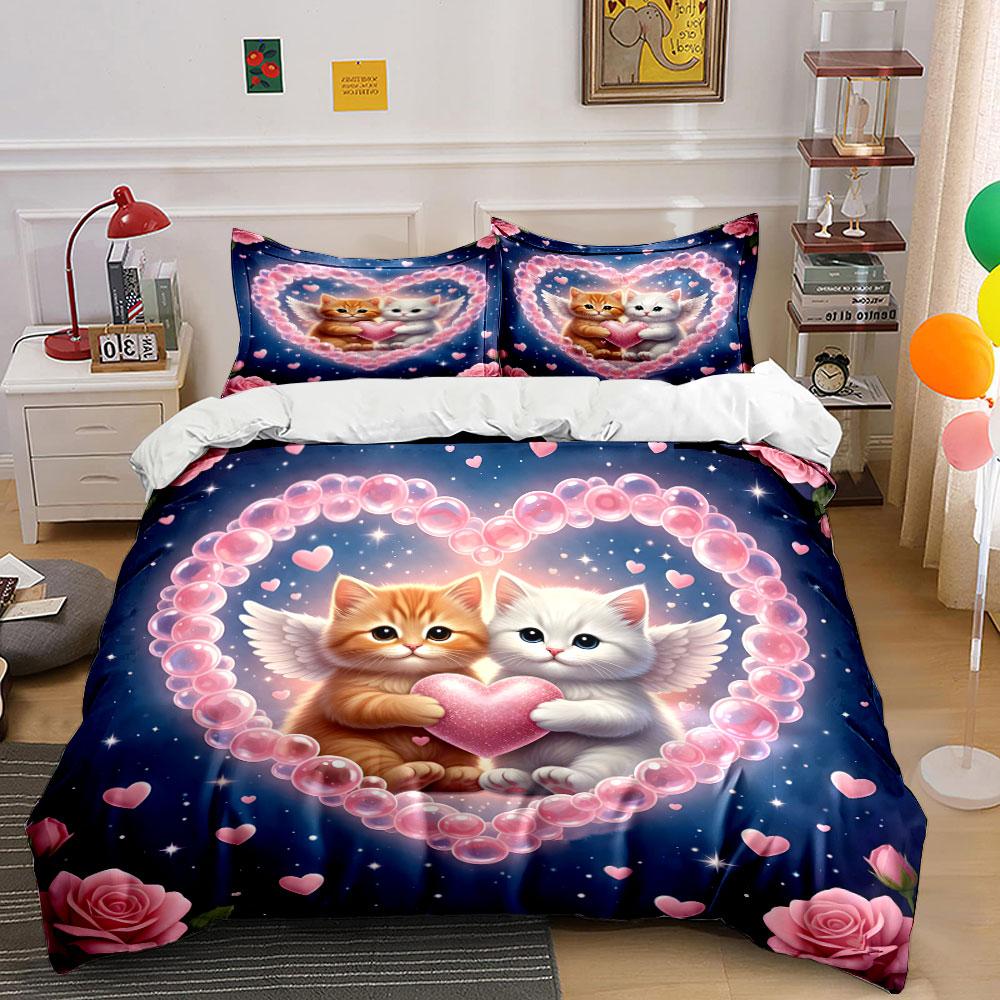 "Angel Cats Heart Bedding Set" Bedding Duvet Cover Set Duvet Cover Pillowcases (1 * Duvet Cover 2 * Pillowcases, Without Duvet Insert)