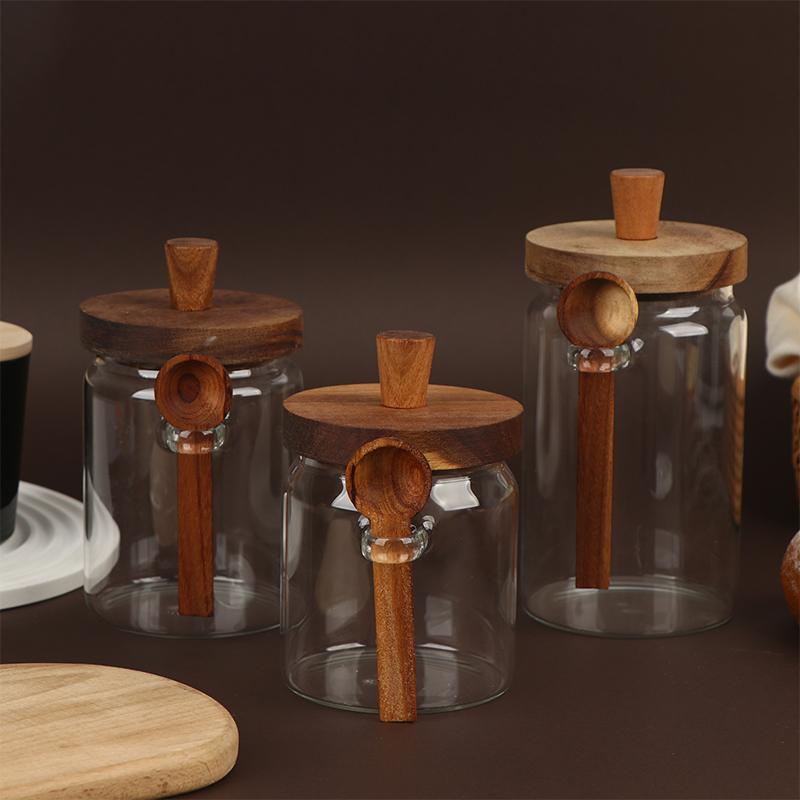 Glass Containers Food Storage Jars With Wooden Lids And Scoop Glass Sealed Jar Airtight Jar For Sugar Coffee Bean Candy