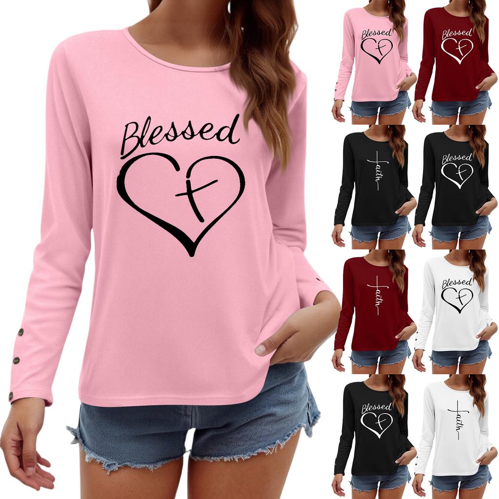 Tshirts For Women Long Sleeve,Round Sleeve Vertical Cross Casual Graphic Shirt,