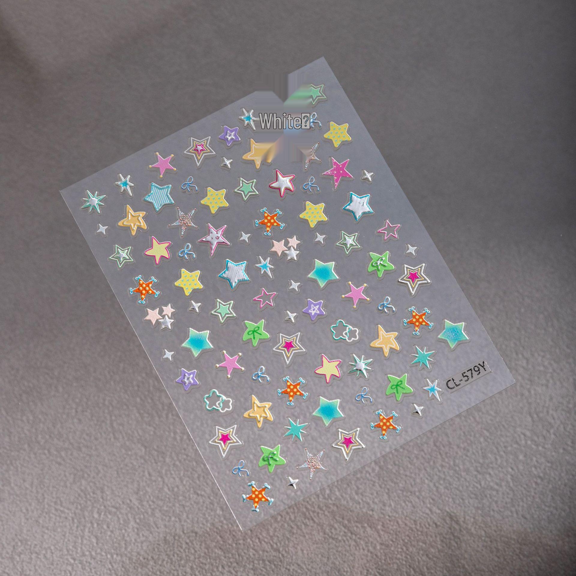 Children s Colorful Embossed Star Nail Art Stickers - DIY Macaron Starry Sweet Design Silver Stamping - White Moon Weave [1 Sheet]