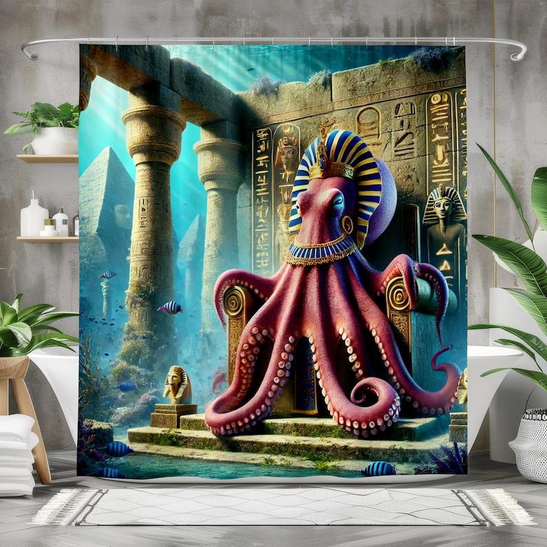 Egyptian Octopus Shower Curtain - Underwater Pyramid Fantasy, Pharaoh Sea Creature, Mythical Ocean Theme, Unique Bath Gift W90XH180cm