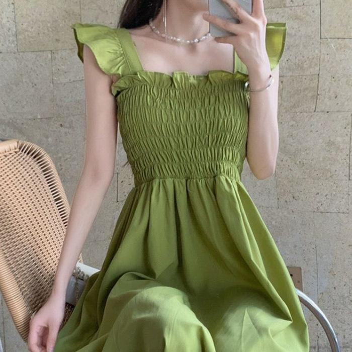 

Summer Hepburn style new French temperament small flying sleeves pleated square neck brown medium and long dress waist dress 2XL зелений