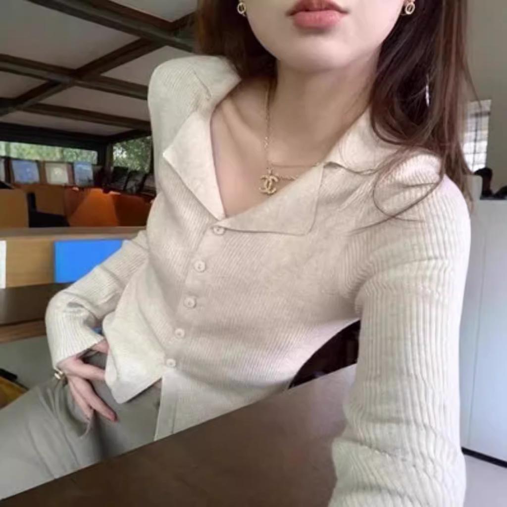 Chic lo lapel knitted sweater spring waist thin Spice girl style long-sleeved sweater temperament top