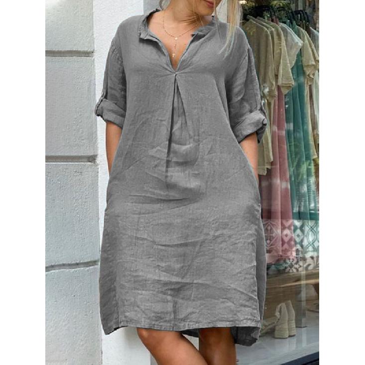 2026 New Women's Casual V-neck Discounted Long-sleeve Solid Color Loose Dress