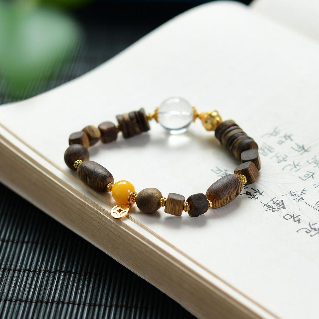 Yingge Qi Nan Agarwood Bracelet with Amber and 925 Silver Spacer (No Artificial Oil Injection)