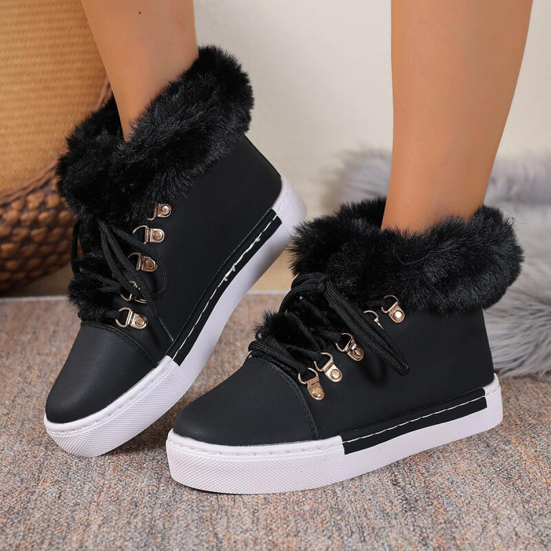 Fashion Lace Up Furry Casual Shoes Women 2025 Winter Warm Short Plush Flat Heel Ankle Boots Fluffy Fur Comfort Non Slip Woman's Sneakers