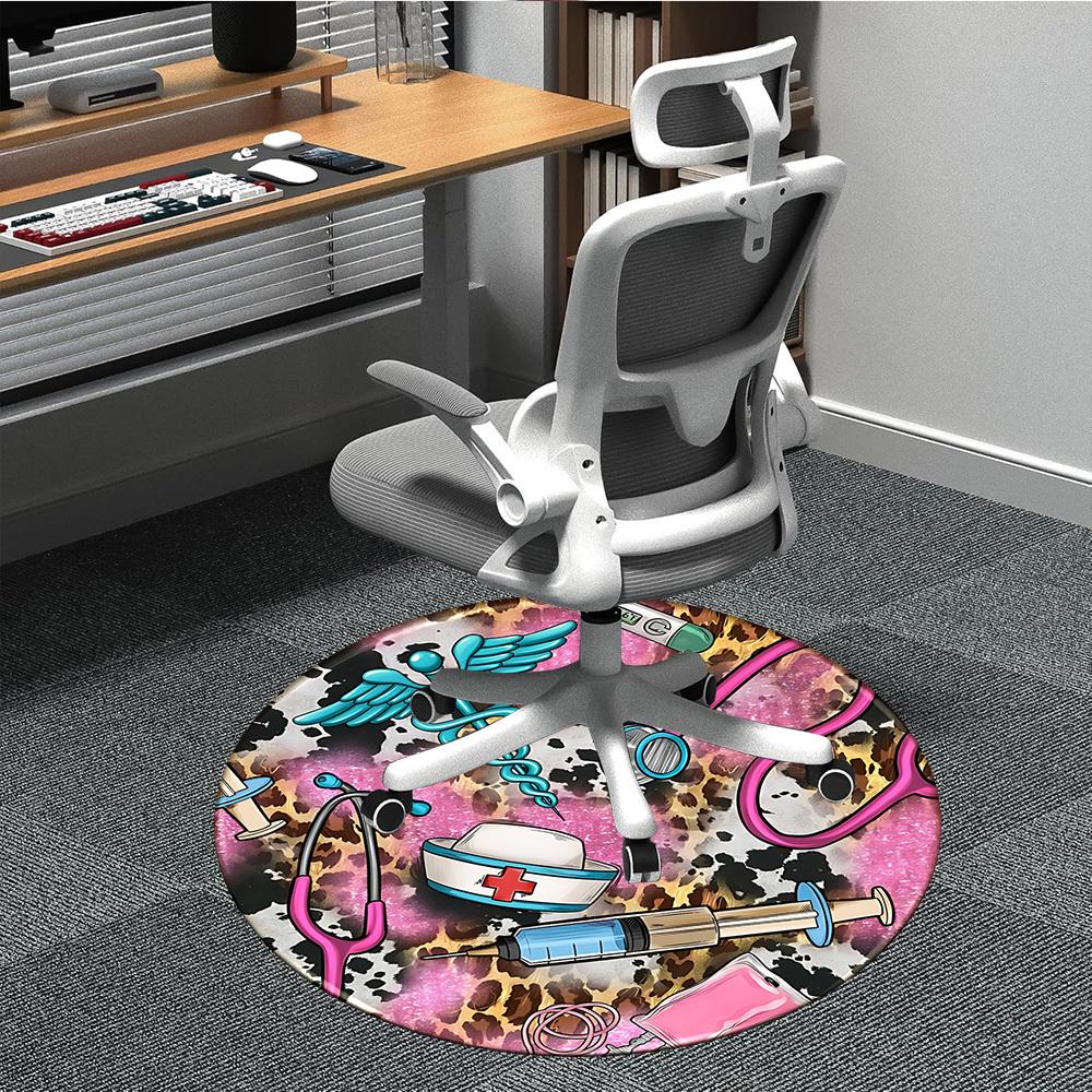 1pc Leopard Nurse Print Chair Carpet for Office, Round Polyester Mat, Indoor Decor for Office, Easycare Fabric, Washable Non-slip Area Carpet
