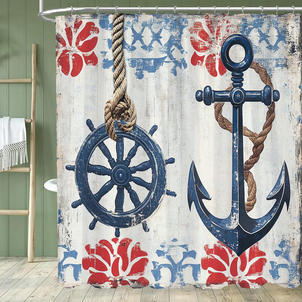 Simple Ocean Lighthouse Style Printing Shower Curtain, Bathroom Decorative Shower Curtain, Waterproof Shower Curtain with Hooks