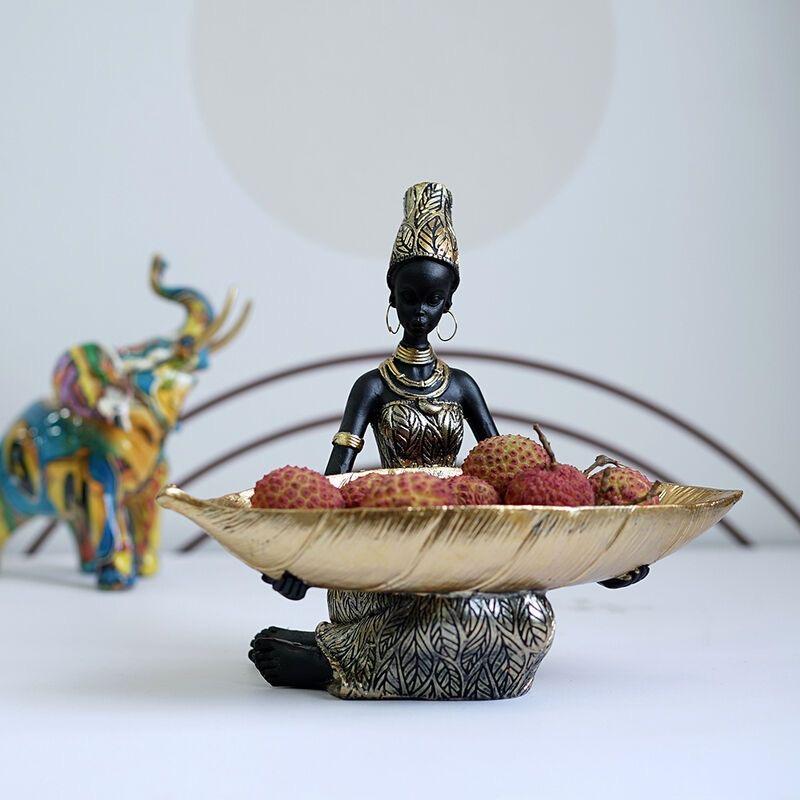 African Woman Fruit Plate Resin Storage Ornament – Decorative Desk Tray for Home & Office