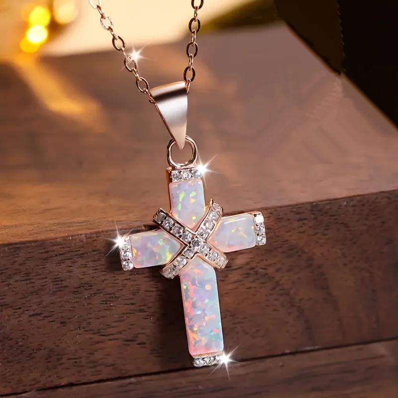 Exquisite Luxury White Cross Necklace, Special Box for Women's Daily Holiday Accessories Birthday Gift Selection Accessories