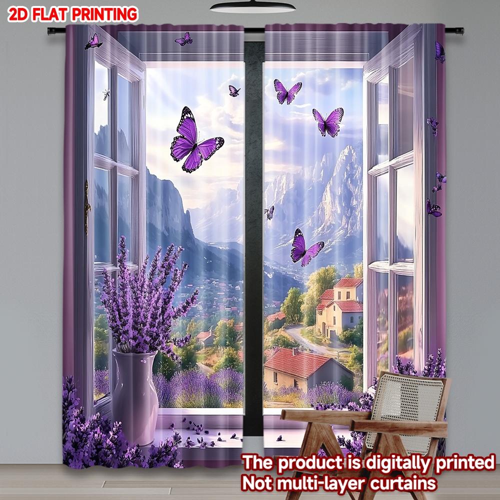Purple Butterfly Curtains Digital Printing Pattern Outdoor View Effect Bedroom Living Room Decor Curtain Set Of 2 Elegant Made Polyester Washable Area